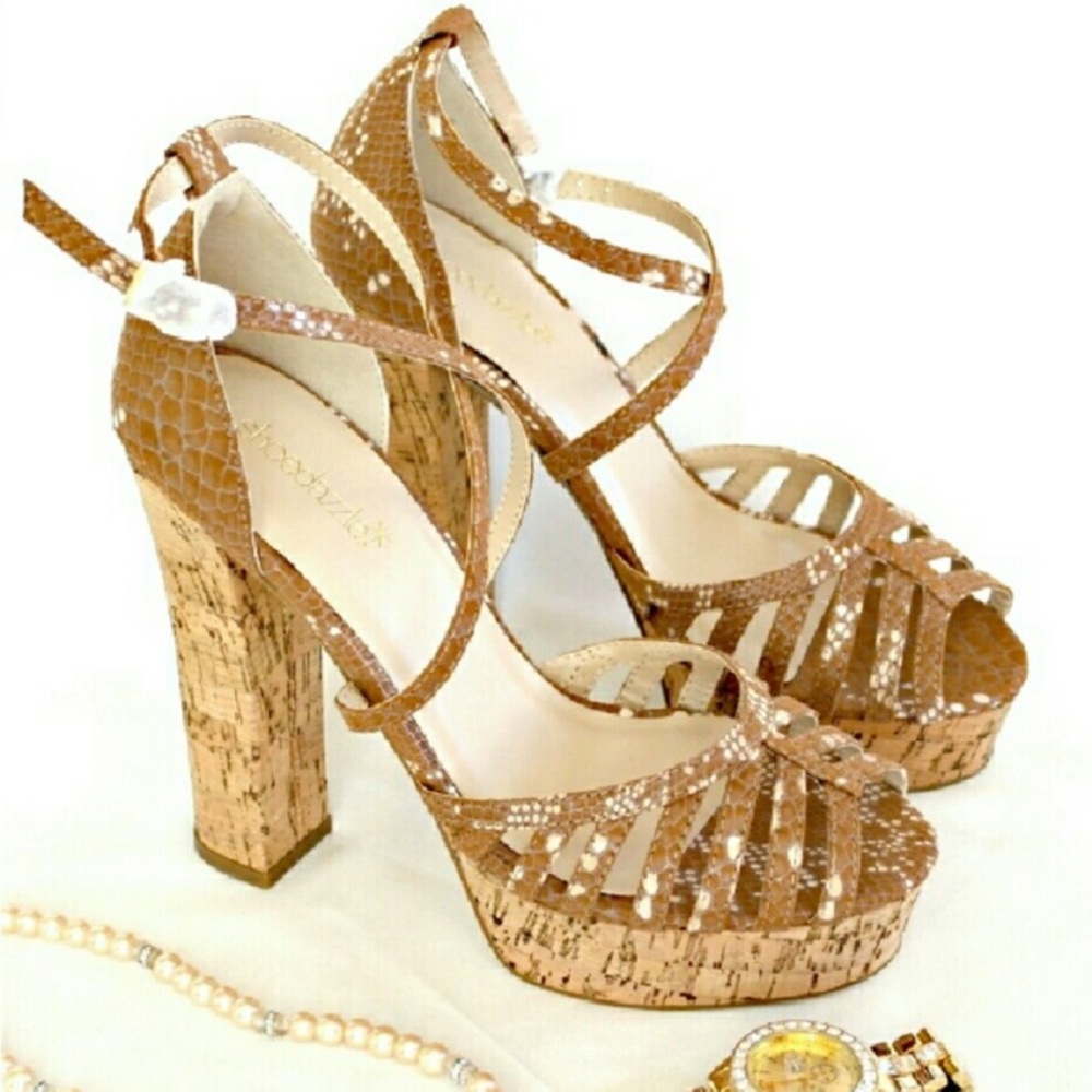Gold Lorin Strap Heels w/ Cork Heel and Platform